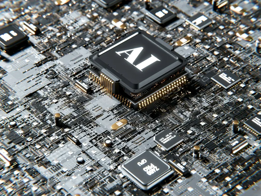 AI processor chip on a detailed circuit board